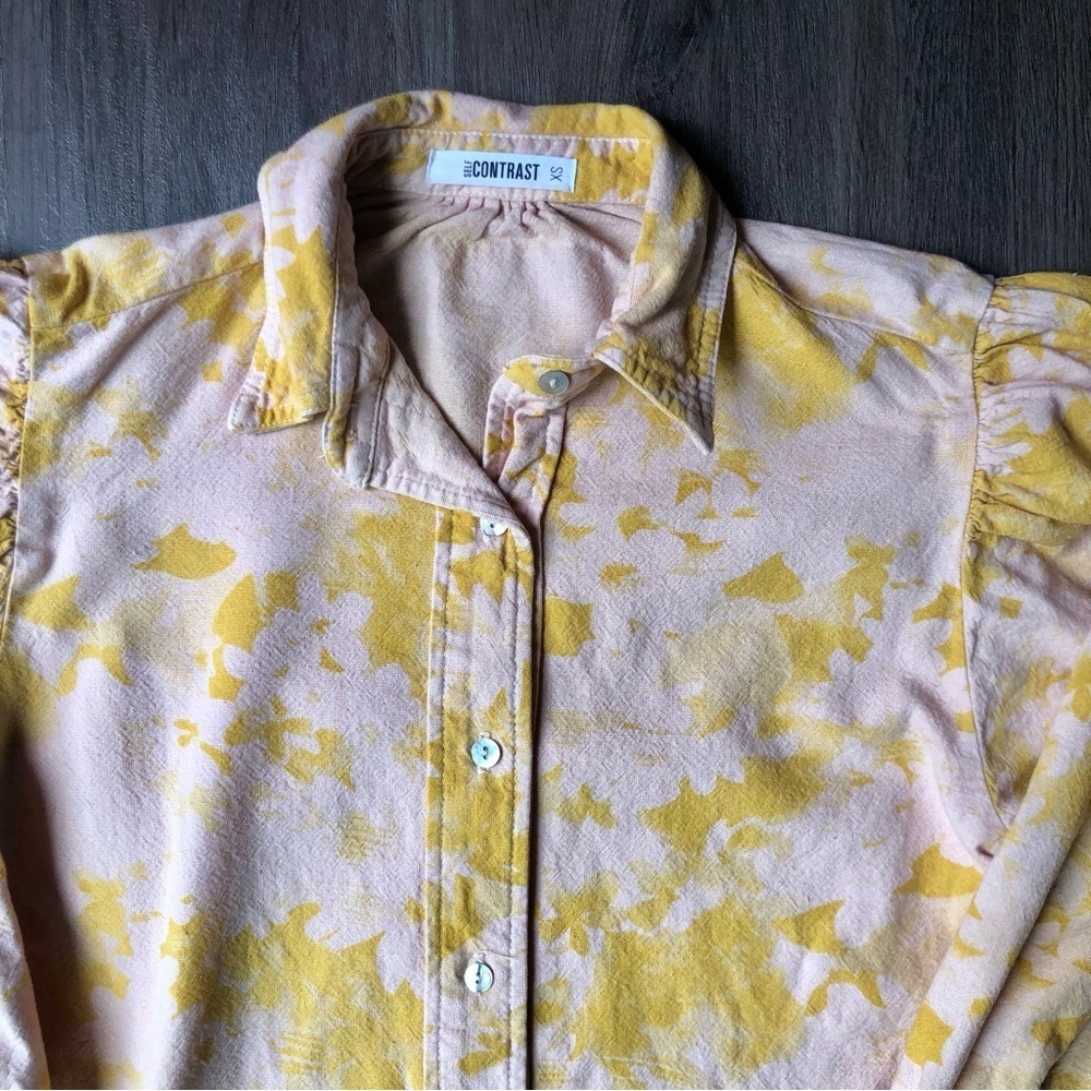 Self Contrast Blouse Women’s XS Pink Yellow Linen Blend Puff Sleeve Button Shirt - Picture 2 of 8